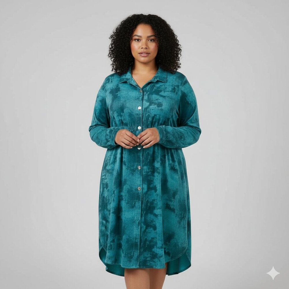 KLEEN Long Sleeve Shirt Dress Acid Wash/Mottled Turquoise & Black Women Size XL